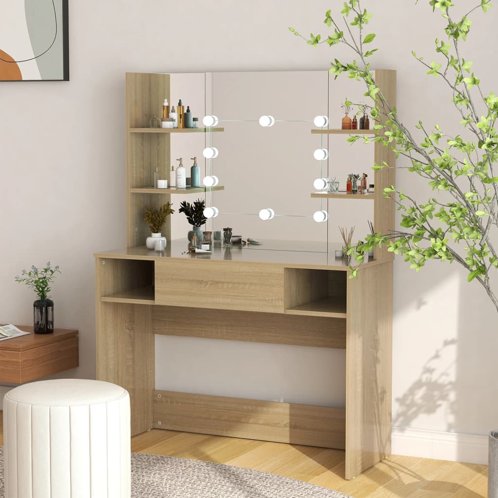Makeupbord Med Led-Lys 100X40X135 Cm Mdf