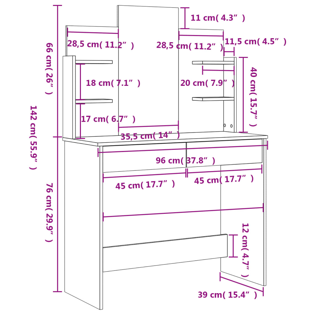 Makeupbord Med Spejl 96X39X142 Cm