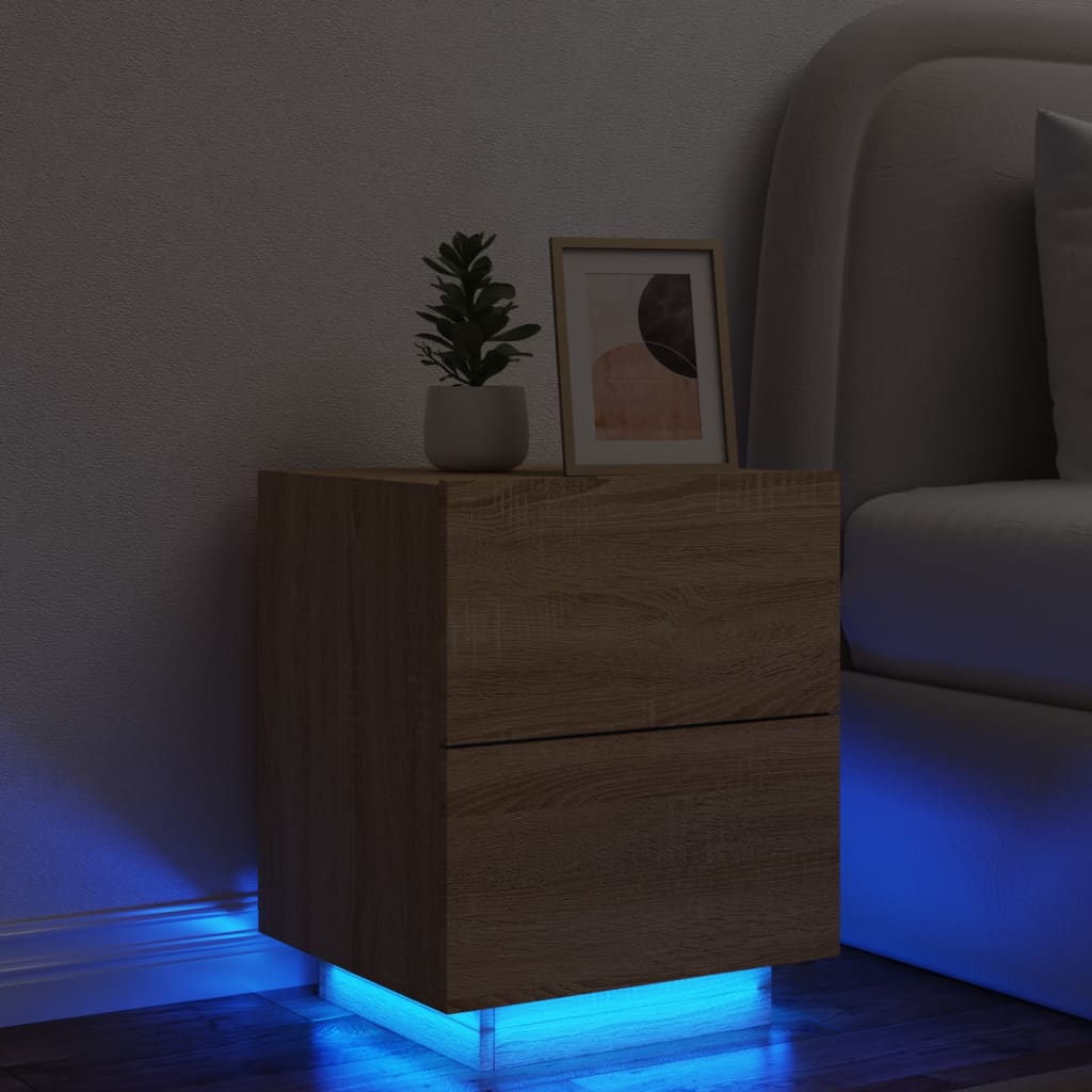 Sengeborde 2 Stk. Med Led-Lys Konstrueret Træ