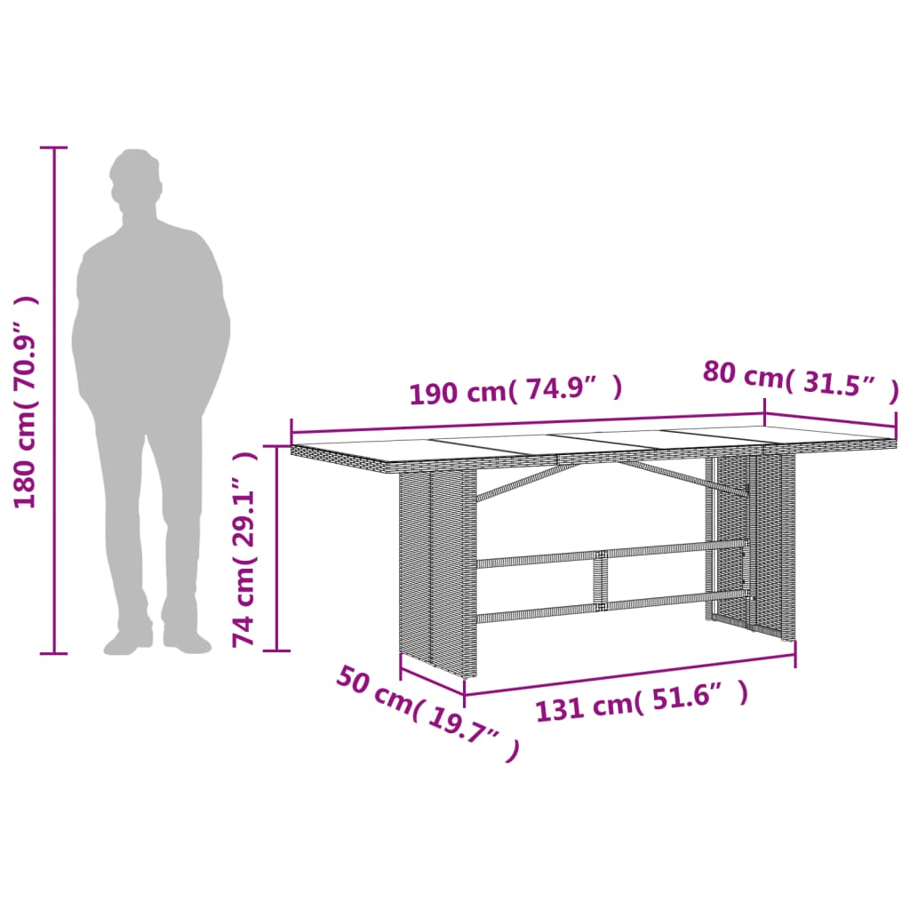 Havebord Med Top 190X80X74 Cm Polyrattan