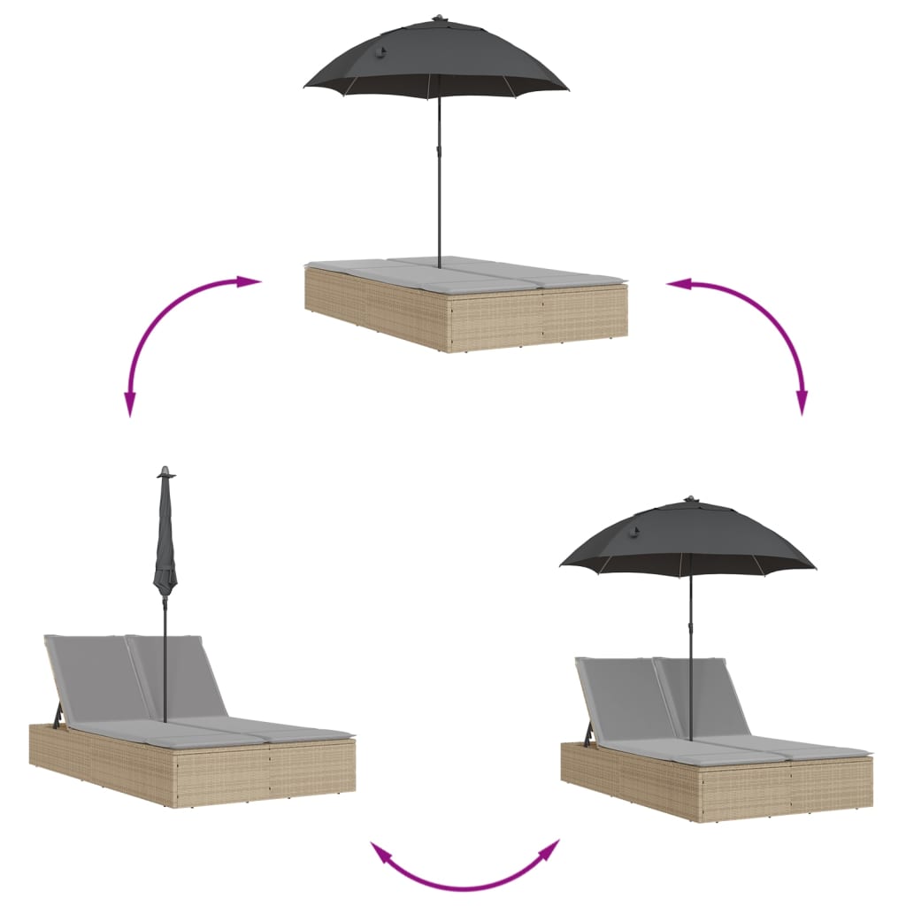Dobbelt Loungesofa Med Hynder Og Parasol Polyrattan Beige