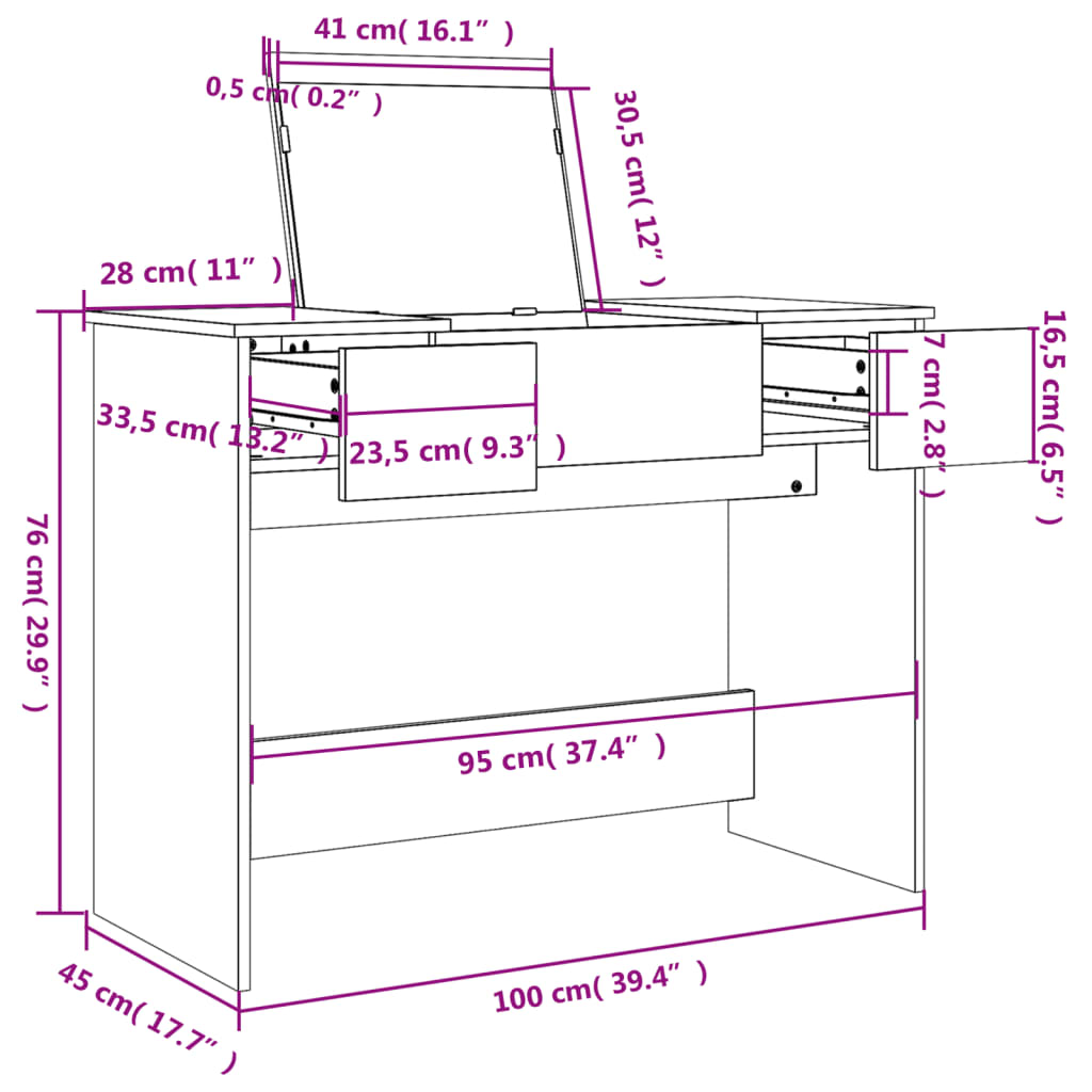 Makeupbord Med Spejl 100X45X76 Cm
