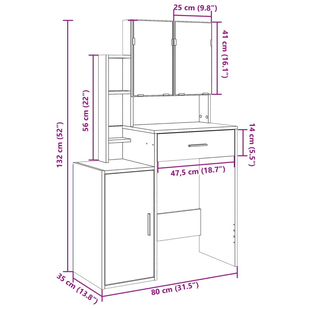 Makeupbord Med Skab 80X35X132 Cm