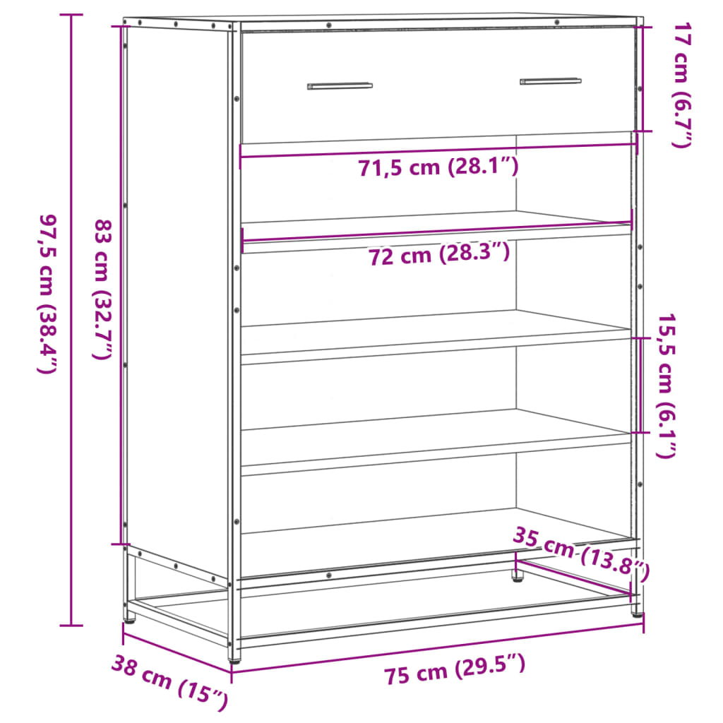 Skoskab 75X38X97,5 Cm Konstrueret Træ Og Metal Etræ Røget Eg