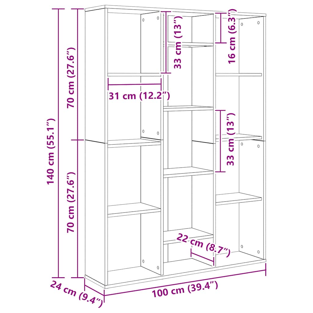 Rumdeler/Bogreol 100X24X140 Cm Konstrueret Træ