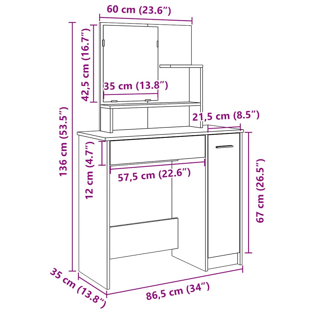 Makeupbord Med Spejl 86,5X35X136 Cm -Look