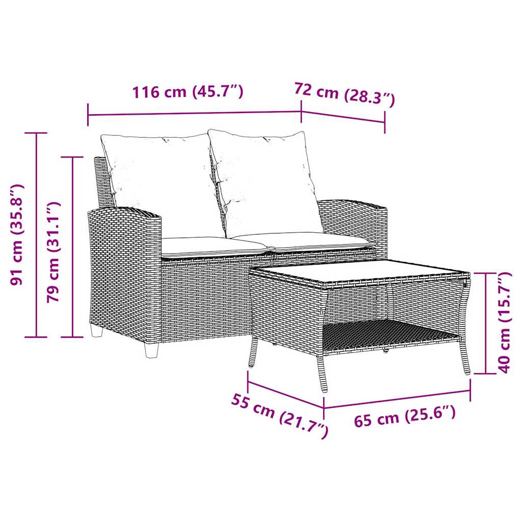 2-Personers Sofa Med Hynder Og Bord Polyrattan