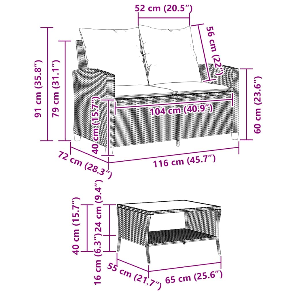 2-Personers Sofa Med Hynder Og Bord Polyrattan